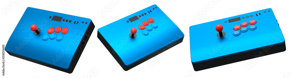 Poster a set of three colorful arcade joysticks, catering to retro gaming enthusiasts isolated on white bac