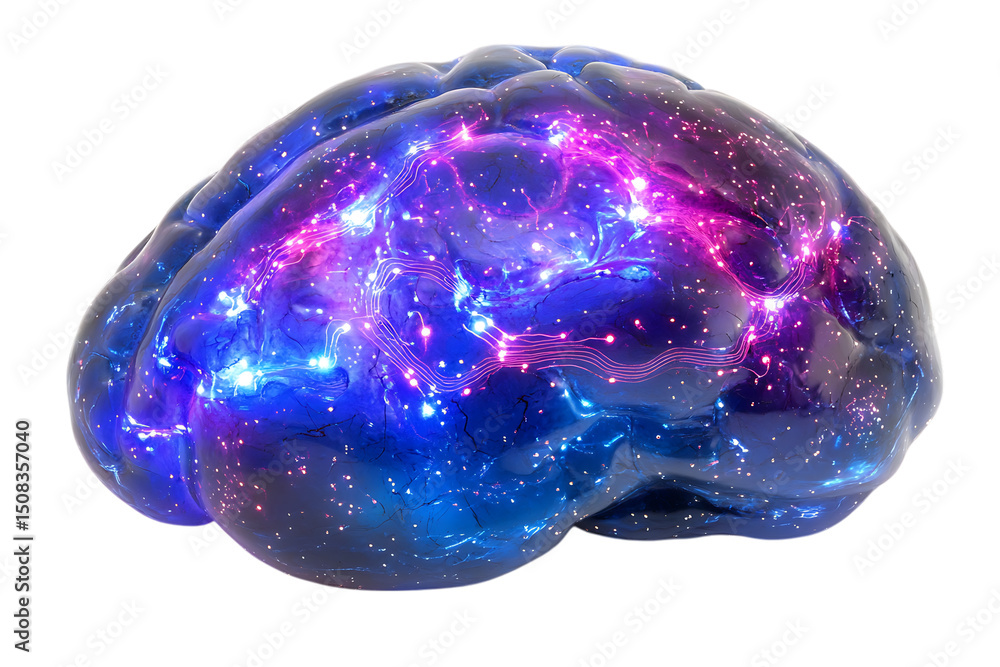 Poster human brain model with glowing neural network on transparent background