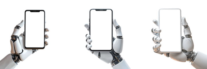 Set of smartphones in robot's hand isolated on transparent background PNG 