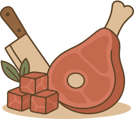 Delicious Cuts of Meat Butcher Knife, Prime Rib Roast, and Diced Steaks
