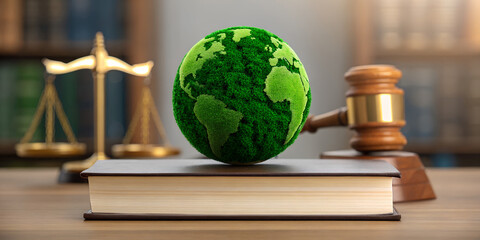 Environmental law concept green earth globe justice legal system