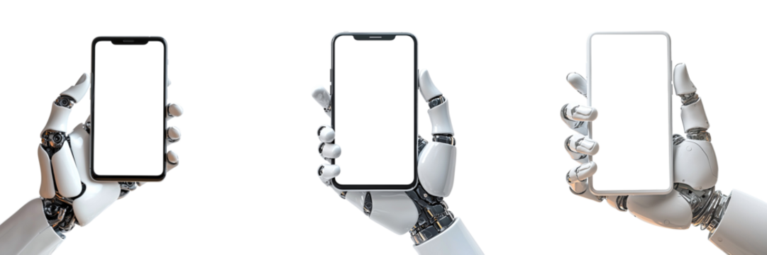 Set of smartphones in robot's hand isolated on transparent background PNG  - Powered by Adobe