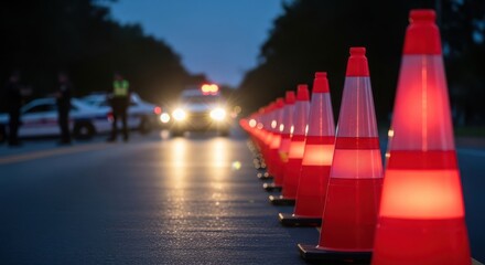 Traffic control at night with illuminated orange cones and police presence