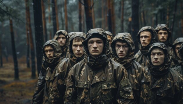 Serious young soldiers engage in tactical camouflage training in foggy forest