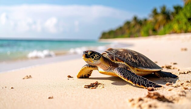 Green sea turtle crawling on sandy beach with gentle waves in the background, palm trees lining the shore