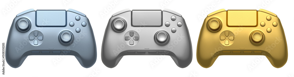 Poster collection of gaming controllers with different colors and designs for gaming enthusiasts isolated o