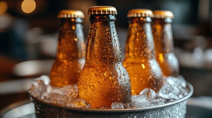 Cold beer bottles on ice