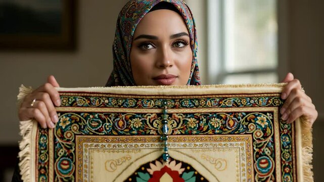 Woman holding decorative carpet with intricate patterns indoors