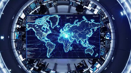 Cybersecurity professionals analyzing digital security threats, tracking global network risks on interactive display, strategically monitoring complex digital landscape from advanced control center - Powered by Adobe