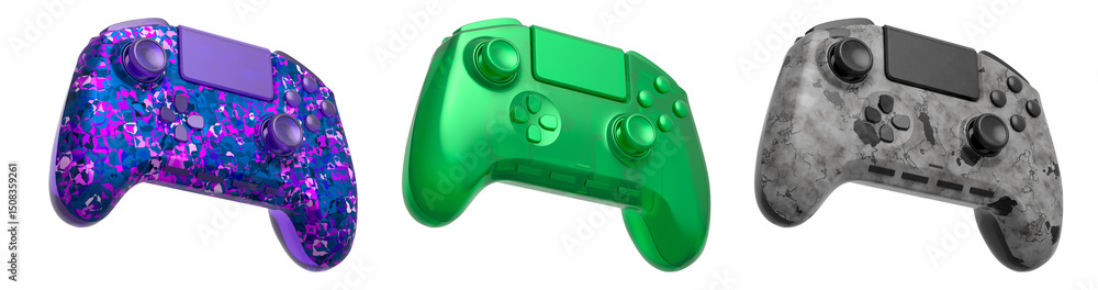 Poster collection of gaming controllers with different colors and designs for gaming enthusiasts isolated o