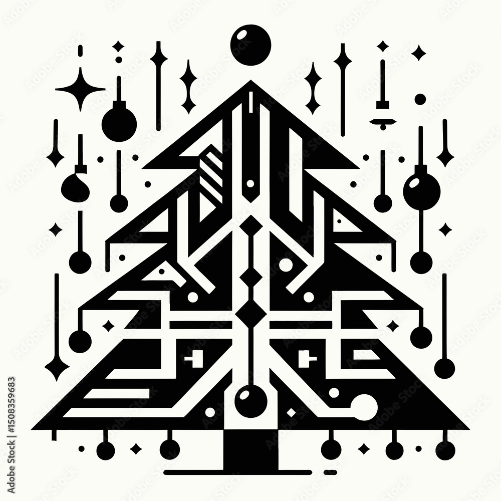 Poster a stylized, geometric christmas tree with circuit board patterns and ornaments. useful for tech blog