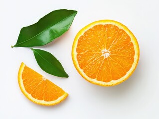 Fresh orange slices with leaves on a white surface view