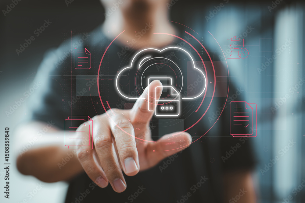 Aufkleber Finger touching digital cloud document icon for data upload and storage in virtual space.