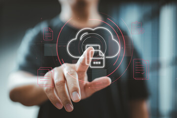 Finger touching digital cloud document icon for data upload and storage in virtual space.