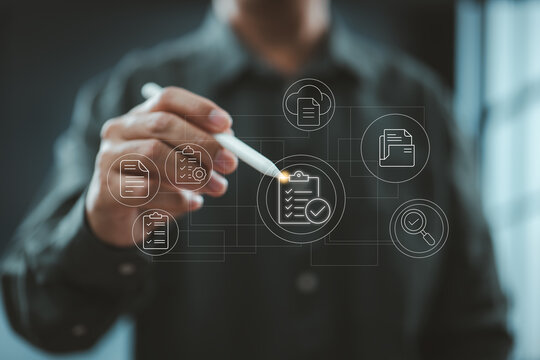 Touchscreen interaction with checklist and document icons for digital task management.