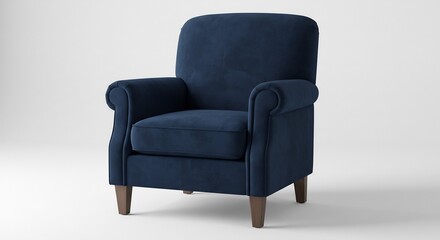 Deep blue velvet armchair elegantly styled soft light studio shot. AI Generated