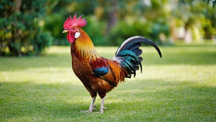 Fototapeta premium Colorful rooster on green grass