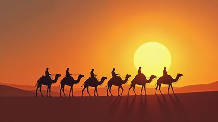 Long line of camels with person at sunset sky in the middle of Sahara desert. Islamic New Year and Eid Al-Adha theme 
