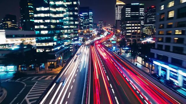 Vibrant light trails streaking across urban tel aviv nightscape, revealing pulsing traffic movement through blurred multiscreen digital composition