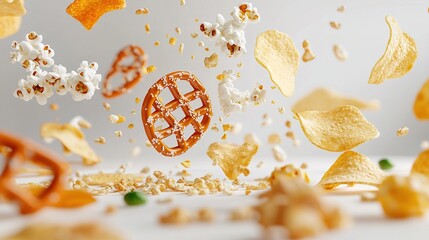 A variety of savory and sweet snacks, including potato chips, popcorn, pretzels, and crumbs, levitate against a light gray backdrop.  The image showcases the 