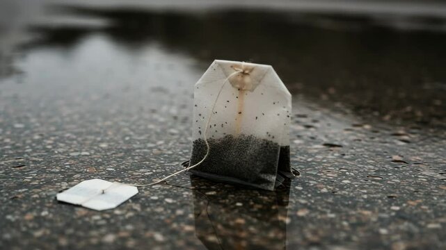 Used tea bag lying on wet pavement after rain