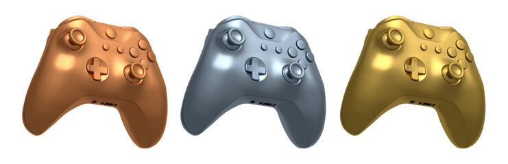 Collection of gaming controllers with different colors and designs for gaming enthusiasts isolated on white background with clipping path