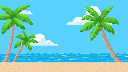 Pixel background with palm trees, sand and water horizon, blue sky with clouds. © sabelskaya