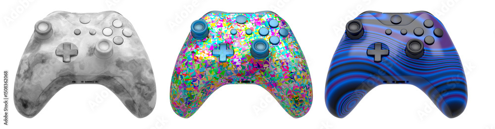 Poster collection of gaming controllers with different colors and designs for gaming enthusiasts isolated o
