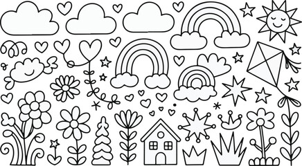 Kid crayon chalk line cloud, flower children sticker set. Hand drawn crayon doodle sketch childish cute element set. Chalk star, heart, flower color cute element background. Vector illustration