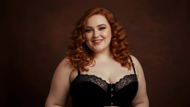 Smiling plus size woman with curly red hair in black lingerie against brown backdrop  