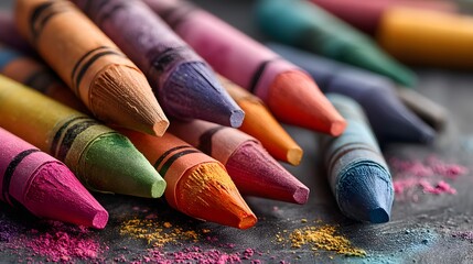 Colorful crayons scattered near blackboard, a playful burst of creativity in learning