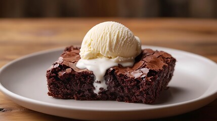 A decadent chocolate brownie oozing with a scoop of creamy vanilla ice cream a perfect dessert with
