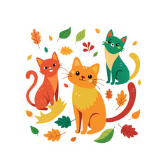 Fototapeta premium Playful Colorful cats with autumn leaves 