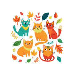 Playful Colorful cats with autumn leaves 