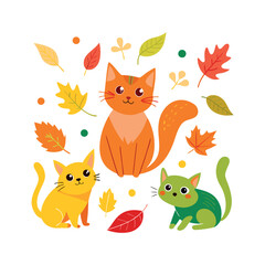 Playful Colorful cats with autumn leaves 