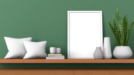 Minimalist interior design with blank picture frame pillows books and decorative elements
