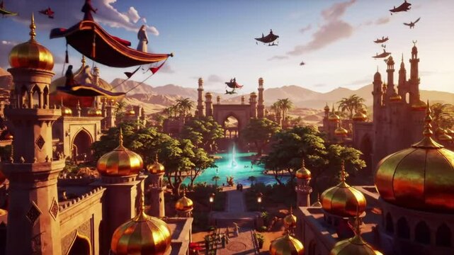 A magical desert realm inspired by Arabian, featuring a majestic palace, glowing lights, and flying carpets.

