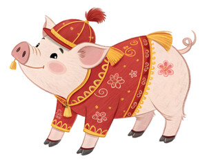 Fototapeta premium An adorable cartoon pig wearing a traditional Chinese New Year costume, isolated on a white background. The pig has a cheerful expression with big, shiny eyes and a playful smile