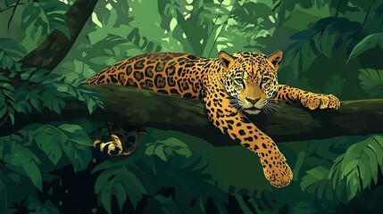 A jaguar rests serenely on a branch in a lush rainforest.