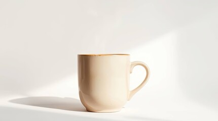 A simple cream colored mug with a brown rim sits on a white surface in bright natural light