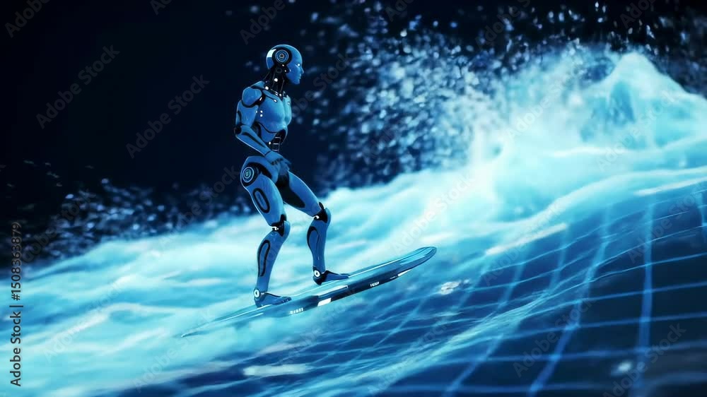 Poster futuristic robot surfs glowing virtual waves at night, symbolizing innovation and technology in a di