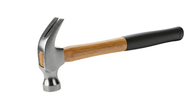Claw Hammer with Wooden and Black Handle on Transparent Background