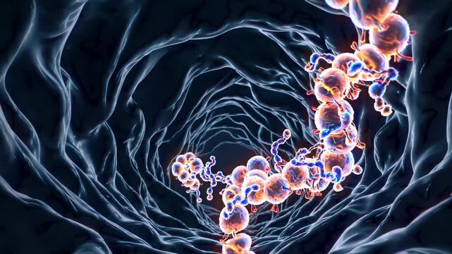 Streptococcus bacteria chain flowing inside blood vessel, moving through bloodstream and potentially causing infectious disease at microscopic level
