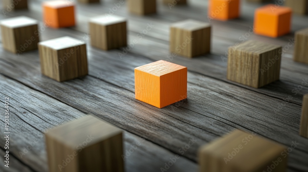 Poster wooden floor with orange cube among brown blocks creating conceptual minimal abstract pattern scene