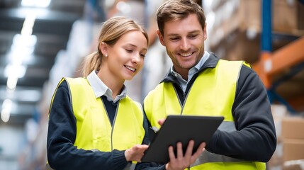 Two employees a man and a woman collaborating in a logistics distribution warehouse while using a digital tablet to manage transportation