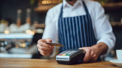 Close up of a man using a credit card to make a payment at a cafe or coffee shop
