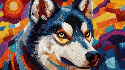 Obraz premium Colorful wolf head painting with abstract background in vibrant hues.