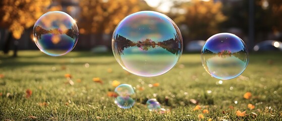 Colorful soap bubbles reflecting autumn scenery