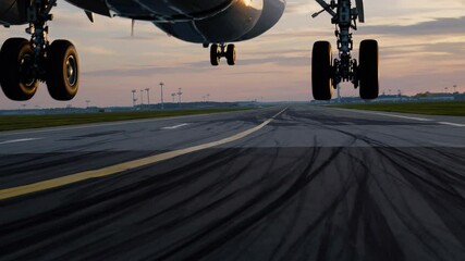 Passenger jet descending at golden hour, underbelly view revealing extended landing gear touching tarmac during twilight approach