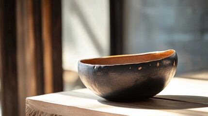 Handcrafted ceramic bowl on wooden table with sunlight and soft shadows in minimalist scene